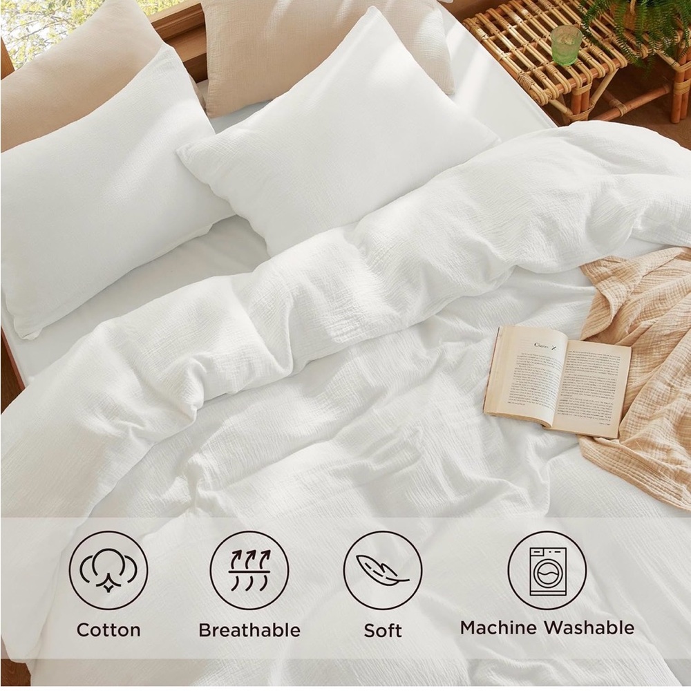 NIP Bedsure 100% Muslin Cotton Duvet Cover,Queen,White,Breathable,Lightweight - Picture 4 of 12